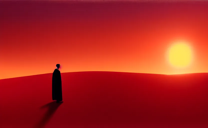 Prompt: a man on a sand dune, silhouetted against the horizon, desert landscape, simple robe blowing in the wind, sun setting, orange and red sky, detailed, futuristic, volumetric light, intricate, detailed, photorealistic imagery, artstation, by Greg Rutkowski and Gaston Bussiere