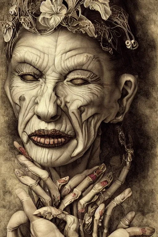 Image similar to Detailed maximalist portrait of a beautiful old woman with large lips and eyes, scared expression, botanical skeletal with extra flesh, HD mixed media, 3D collage, highly detailed and intricate, surreal illustration in the style of Caravaggio, dark art, baroque, centred in image