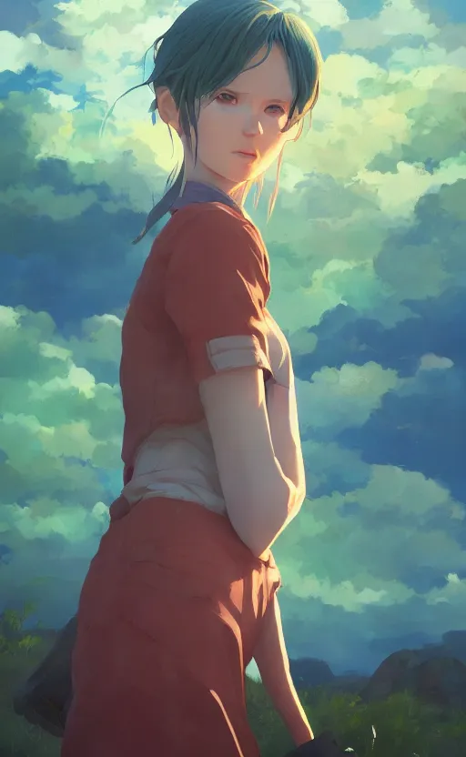 Image similar to a portrait of a female character on an arid forest, blue sky, clouds, vivid colors, soft lighting, atmospheric, cinematic, moody, in the style of ilya kuvshinov and range murata, krenz cushart, rule of thirds, oil on canvas, 8 k