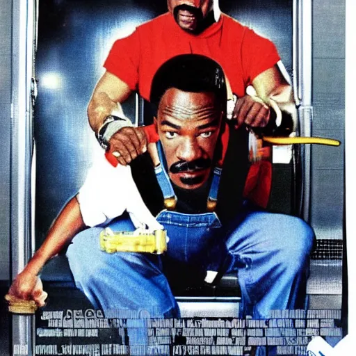 Prompt: an 8 0's action movie poster starring eddie murphy as a plumber to rich people. he's in a large bathroom. overalls. tool belt. his hands are in a toliet. the movie is titled beverly hills crap