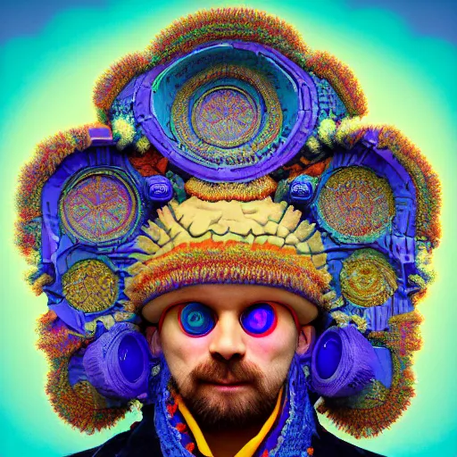 Prompt: Colour mandelbulb 3d fractal style full body portrait Photography of Highly detailed Man wearing detailed Ukrainian folk costume designed by Taras Shevchenko with 1000 years perfect face wearing highly detailed retrofuturistic VR headset designed by Josan Gonzalez. Many details In style of Josan Gonzalez and Mike Winkelmann and andgreg rutkowski and alphonse muchaand and Caspar David Friedrich and Stephen Hickman and James Gurney and Hiromasa Ogura. Rendered in Blender and Octane Render volumetric natural light