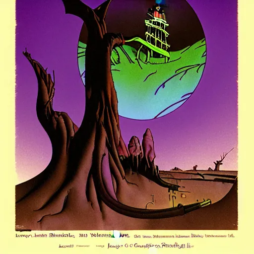 Image similar to don bluth, norman rockwell, joshua middleton, purple color pallete, welcome to night vale, lighthouse in the desert, giant centipede, spooky strange weird quirky, cartoon, 2 d, shades of purple