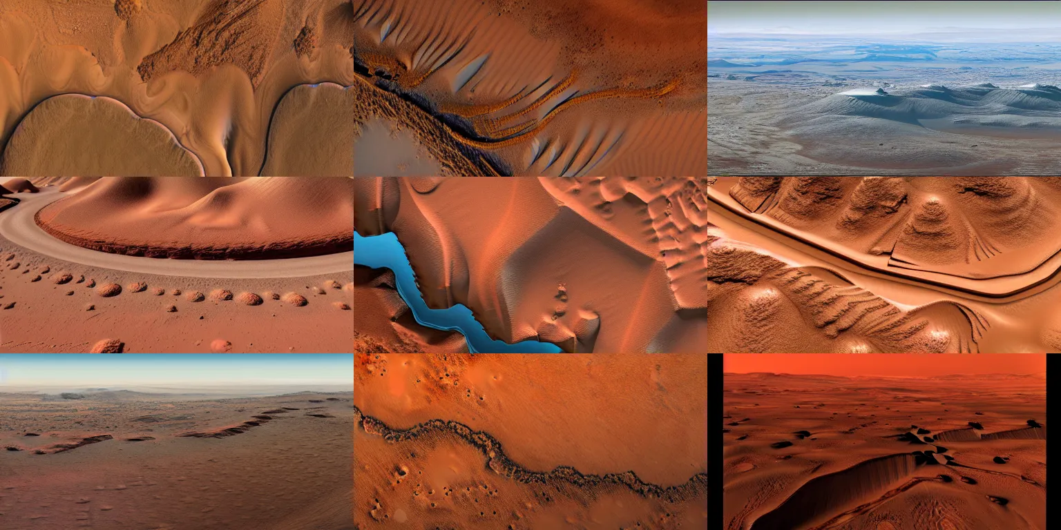 Prompt: wide angle shot, aerial drone view of mars landscape,clear sky,structural geology,geomorphology,digital concept art,photorealistic,8k