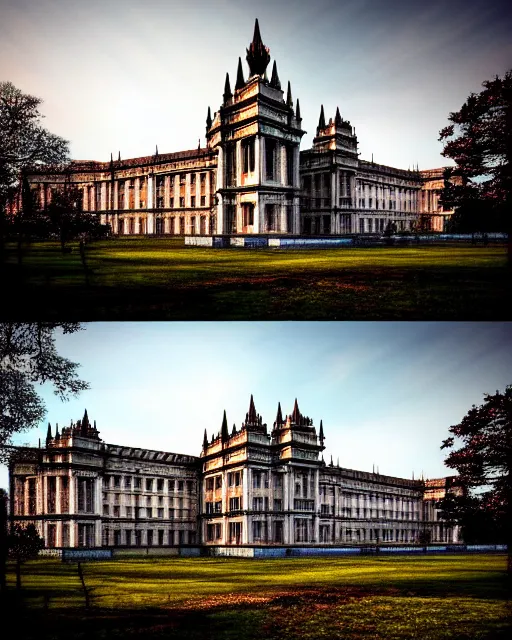 Image similar to a beautiful ultradetailed render of palace building urbex unfinished building by owen d. pomery, crystal nature sunset, archdaily, wallpaper, highly detailed, trending on artstation.