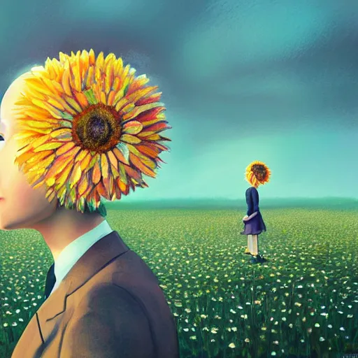 Image similar to giant daisy flower as a head, frontal, a girl in a suit, surreal photography, sunrise, dramatic light, impressionist painting, digital painting, artstation, simon stalenhag