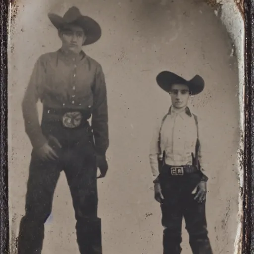 Prompt: alien standing next to cowboy, tintype photograph