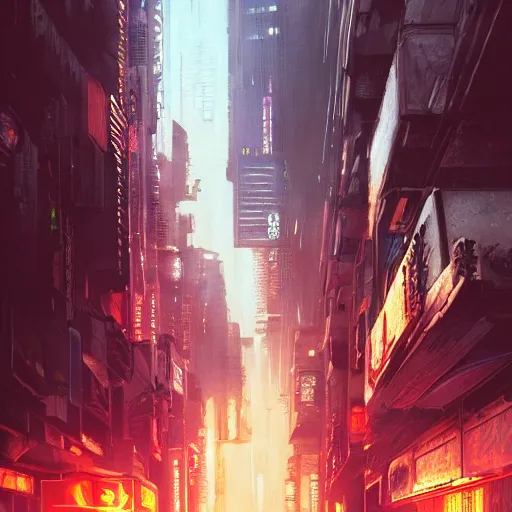 Image similar to Cyberpunk city, street vendors, citizens, augmented cyborgs, Blade Runner, Ghost in the Shell, Neuromancer, robots, skyscapers, buildings, clouds, sunset, painted by seb mckinnon, high detail, digital art, trending on artstation