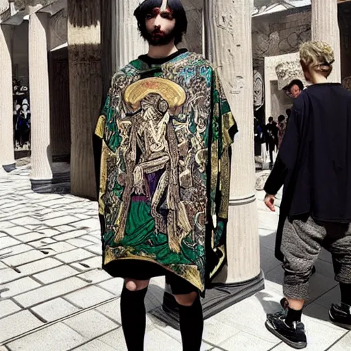 Image similar to ancient greek philosphers wearing gucci versace intricate textile chiton himation cloak tunic detailed design japanese kanji streetwear cyberpunk modern fashion