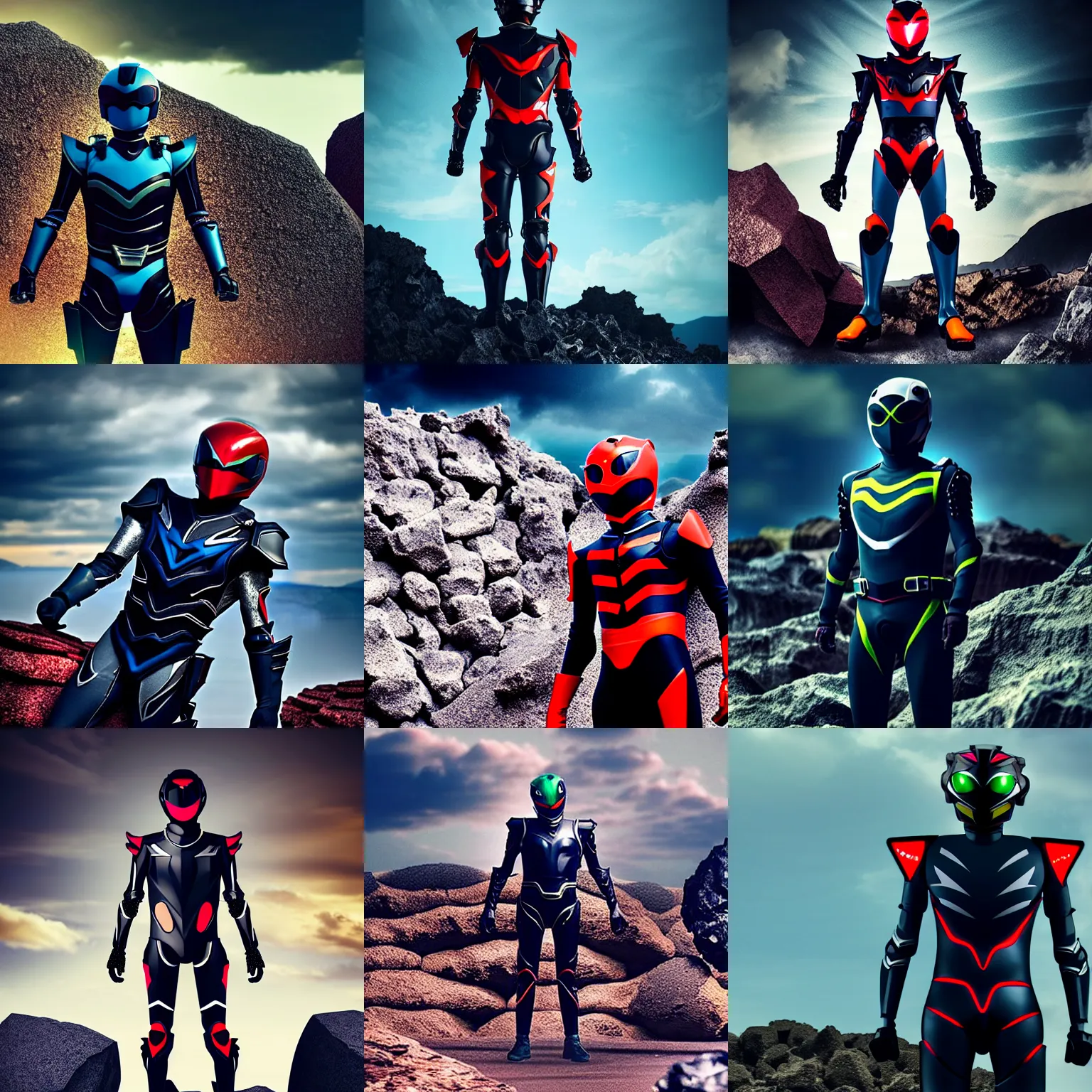 Prompt: Kamen Rider standing in a rock quarry, single character full body, 4k, glowing eyes in helmet, rock quarry location, daytime, black rubber suit, pvc armor, dark blue with red secondary color armor, techno organic armor, ultra realistic, moody colors, ultra realistic, Beautiful Cinematography