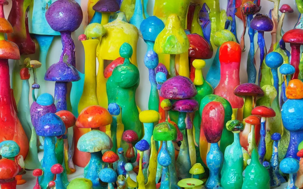 Prompt: Studio Photograph of Beautiful intensely colorful Ceramic Sculpture Of Tropical Mushrooms on a pedestal, ceramic sculpture with dripping glaze on a pedestal intricately carved with sgraffito Insects and the images of Tropical Flowers by Amedeo Modigliani by Robert Arneson by Paul Klee, Drippy Glaze Bright Intense Colors shocking detail hyperrealistic trending on artstation