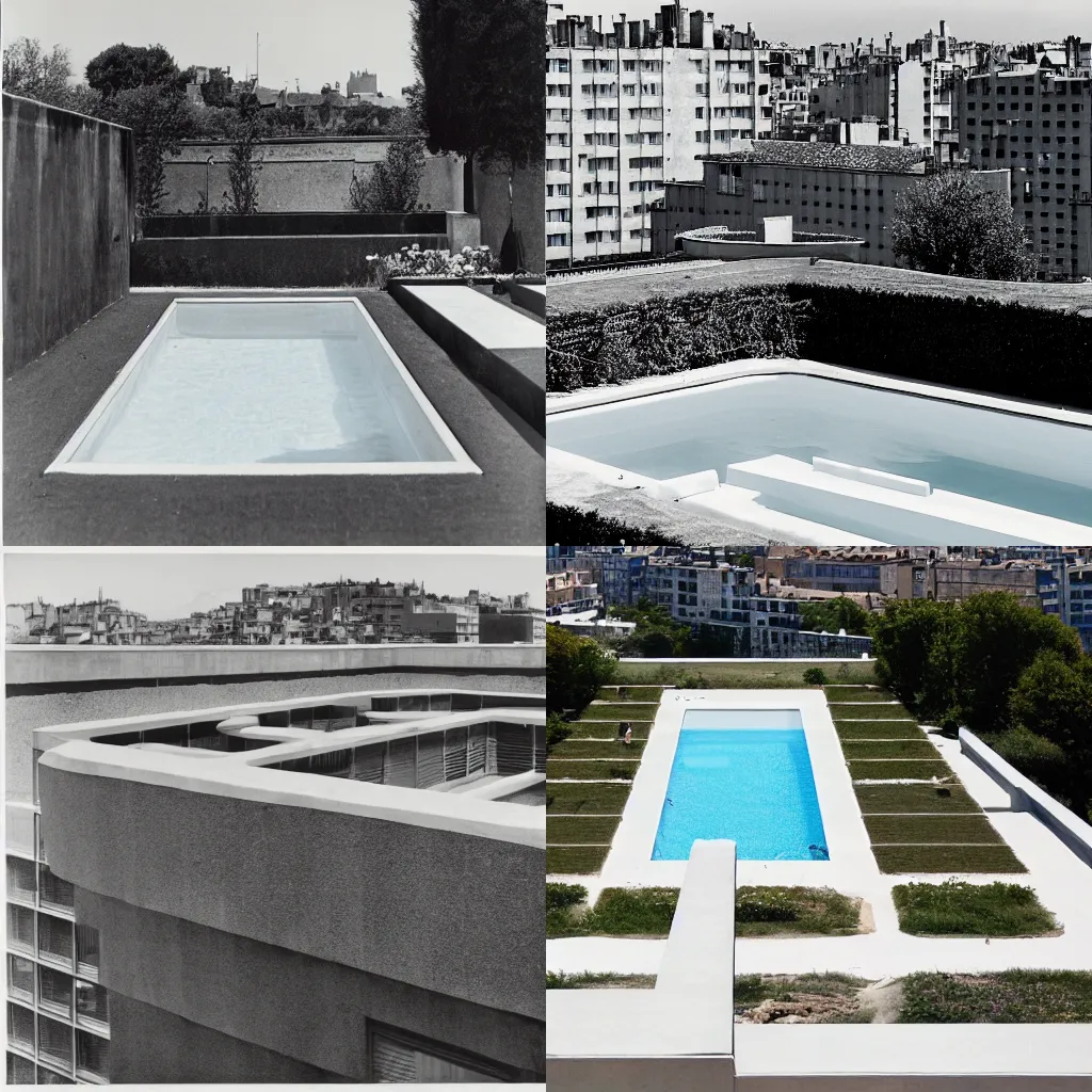 Prompt: Unité d’Habitation, Rooftop, Marseilles, ‘Cité Radieuse’ of Le Corbusier, swimming pool in centre and flower bed edging