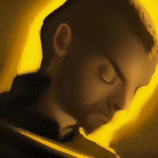 Image similar to Close up of a young, thin and stern catholic priest in his thirties fervently praying as he is about to die from the ominous yellow shadow descending upon him from the night sky. Low angle, dramatic lighting. Award-winning digital art, trending on ArtStation