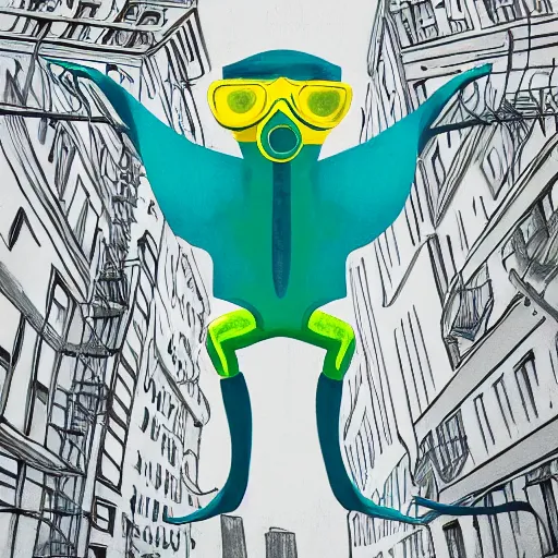 Image similar to Humanoid teal squid standing on two legs wearing yellow raincoat jumping of the edge of a dock in a city that is overwatched by a eye in a hand