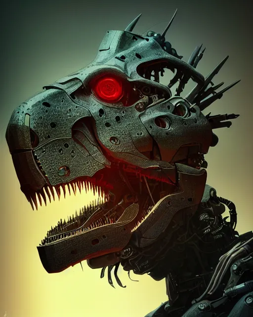 Image similar to mecha male t rex portrait, cyborg, intricate mechanical body, robot eyes, hyper realistic 3 d render by jonas roscinas, peter mohrbacher, greg rutkowski, ryohei hase, dramatic lighting, intricate, highly detailed, sharp focus, luminous, unreal engine, blender, artstation, masterpiece, ray tracing