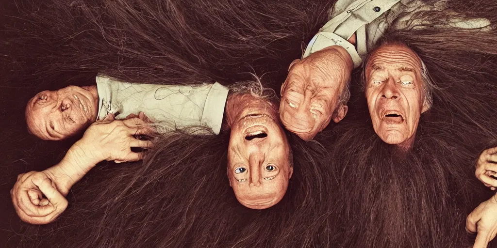 Image similar to a old man with 3 heads and 6 eyes, long hair, hanging upsidedown by annie leibovitz