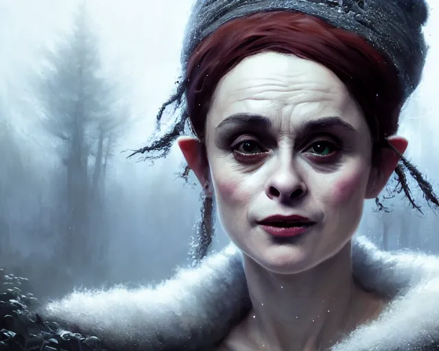 Image similar to highly detailed portrait of helena bonham carter as a bald elf, in skyrim, stephen bliss, unreal engine, fantasy art by greg rutkowski, loish, rhads, ferdinand knab, makoto shinkai and lois van baarle, ilya kuvshinov, rossdraws, tom bagshaw, global illumination, radiant light, detailed and intricate environment