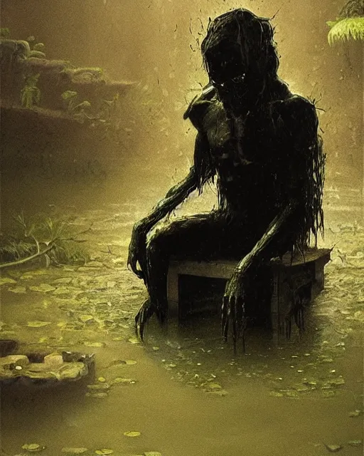 Prompt: dark fleshy figure seated in agony alone inside an empty dark flooded ballroom overgrown with aquatic plants in the style of Greg Rutkowski and Francis Bacon, perfect smile