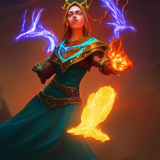 Image similar to The sorceress casting a fireball, Official Hearthstone artwork by Greg Rutkowski in Hearthstone Art style