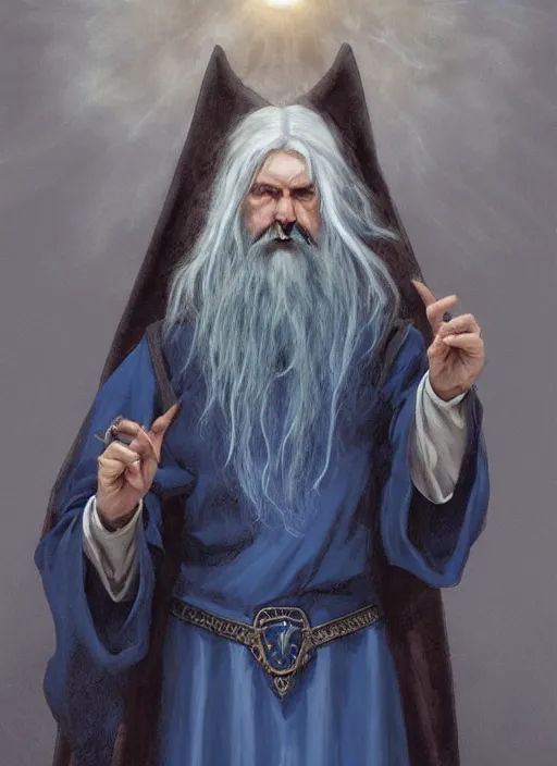 Image similar to medium - length portrait of a male wizard, arcane sigils hovering over his hands, with long white hair and glowing blue eyes, long white beard, dark brown skin, stern expression, wears a long robe, medieval setting, dramatic pose, highly detailed, digital painting, artstation, concept art, sharp focus, illustration, art by greg rutkowski and alphonse mucha