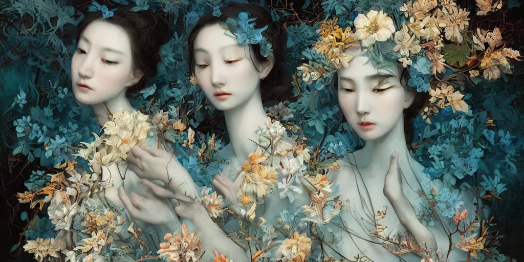 Image similar to breathtaking detailed concept art painting blend of two goddess of light blue flowers by hsiao - ron cheng with anxious piercing eyes, vintage illustration pattern with bizarre compositions blend of autumn leaves and fruits and birds by beto val and john james audubon, exquisite detail, extremely moody lighting, 8 k