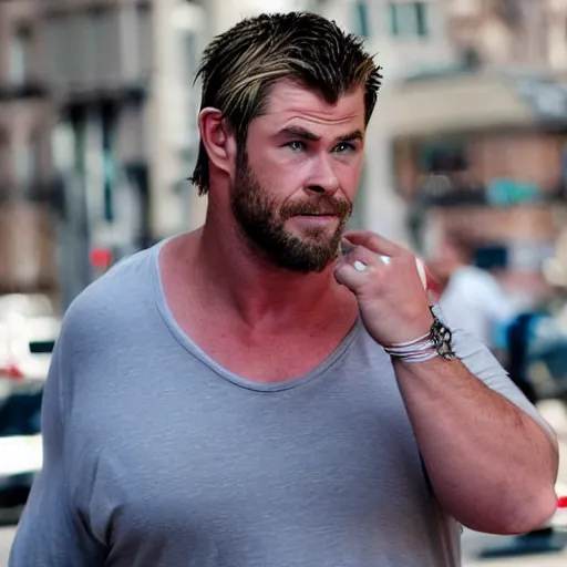 Image similar to Obese Chris Hemsworth spotted in the city, TMZ, Sony a7R IV, symmetric balance, polarizing filter, Photolab, Lightroom, 4K, Dolby Vision, Photography Award