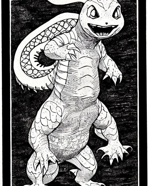 Image similar to charmander as a d & d monster, full body, pen - and - ink illustration, etching, by russ nicholson, david a trampier, larry elmore, 1 9 8 1, hq scan, intricate details, stylized border