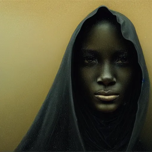 Image similar to a portrait of a young black woman wearing a long dark cloak, hood and shadows covering face, anatomically correct, beautiful perfect face, enigmatic, oil painting, matte painting, black background, Volumetric Golden dappled dynamic lighting, Highly Detailed, Cinematic Lighting, Unreal Engine, 8k, HD, by Beksinski