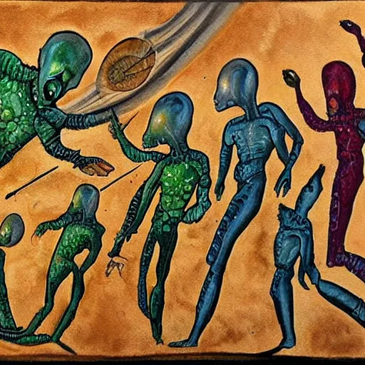 Prompt: realistic painting explaining to 1 3 th century people how aliens created life on earth