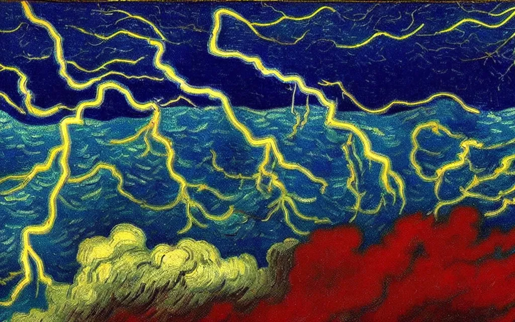 Prompt: lightning strikes a close up of a dark cloud with a cloudy sky blue and red and green colors high detailed by van gogh