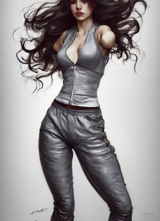 Image similar to girl in very short white! top and very short gray! leather jacket, open belly, long dark curly hair, high waist sweatpants, intricate, elegant, highly detailed, digital painting, artstation, concept art, smooth, illustration, art by artgerm and greg rutkowski and alphonse mucha