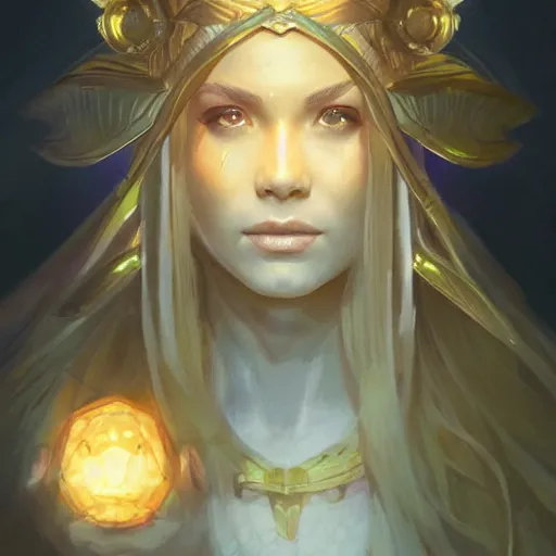 Image similar to solar goddess, d & d, fantasy, portrait, highly detailed, digital painting, trending on artstation, concept art, sharp focus, illustration, art by artgerm and greg rutkowski and magali villeneuve