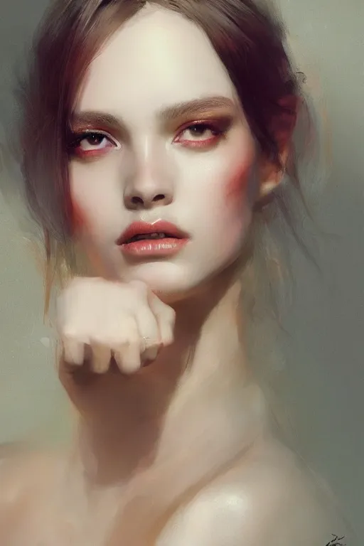 Prompt: girl portrait painting by ruan jia, Kenneth Willardt, ross tran, WLOP, Andrei Riabovitchev, golden skin, mystery background, harper's bazaar, vogue, magazine, concept art, ornate, luxury, elite, elegant, trending on artstation ,