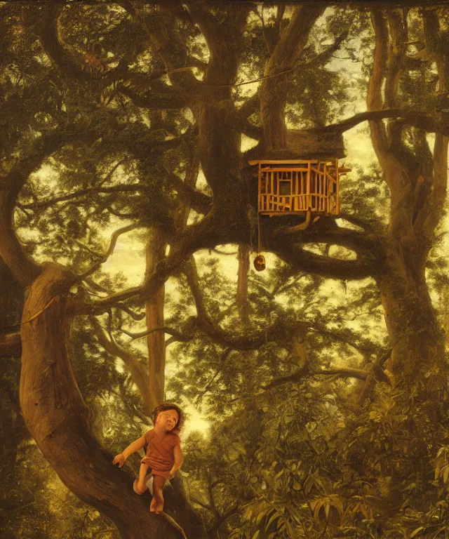 Image similar to masterful oil on canvas painting, eye - level view, shot from 5 0 feet distance, of a kid playing in a treehouse. in the background is a whimsical sparse forest. by ambrosius benson and gerald brom. golden hour, detailed, depth, volume, chiaroscuro, quiet intensity, vivid color palette.