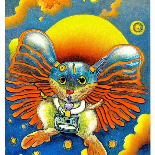 Image similar to a mouse wearing clockwork wings flying through thick orange clouds, Louis William Wain, sci-fi illustration