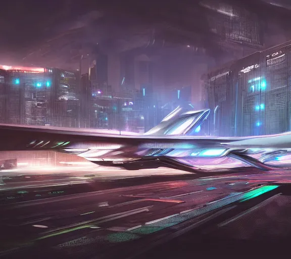 Image similar to immense futuristic sci fi jet lands at runway of cyberpunk city, night photo ,dark cinematic lighting , digital concept art