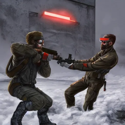 Image similar to Solid Snake and Gordon Freeman fight on an abandoned military base, winter, very detailed, hyper realism, epic, close-up fight, digital art, concept art, illustration, artstation, cgi, 4k