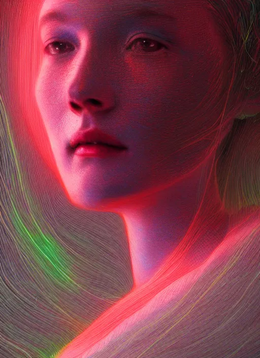 Image similar to woman, portrait close-up, neon, RGB, glowing wires everywhere, pristine, by Edgar Maxence and Ross Tran, Zdzisław Beksiński, and Michael Whelan, distant, gustav dore, H.R. Giger, 8k, octane render