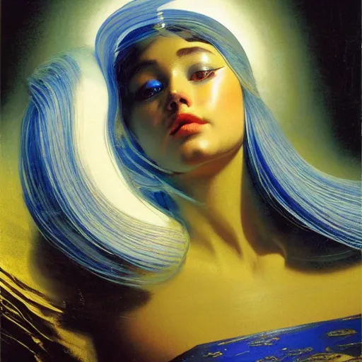 Image similar to a chrome woman's face in flowing sheets of cobalt blue gold chrome tpu silver satin, by moebius syd mead roger dean wojciech siudmak donato giancola yoshitaka amano ivan aivazovsky jan de heem pieter claesz paul delaroche alma tadema aelbert cuyp, hyperrealistic volumetric light render