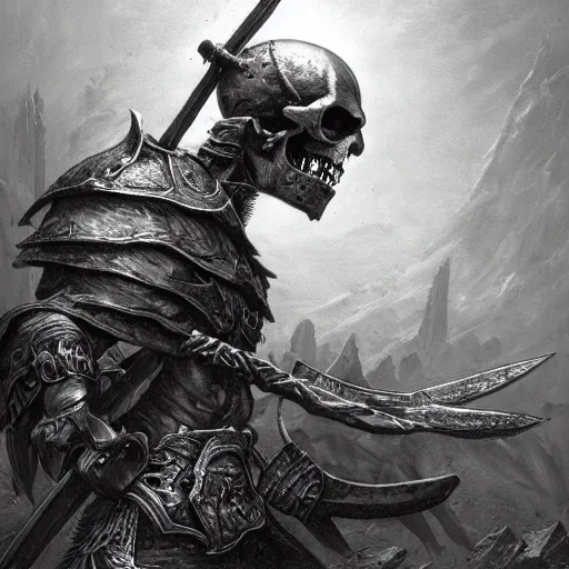 Prompt: undead warrior wearing a skull mask and wielding a battle axe, engraving, concept art, elden ring, illustration, vibrant colors, dark fantasy, grimdark, smooth, sharp focus, ultra detailed, artgem, by gustave dore and greg rutkowski