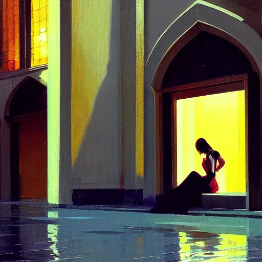 Image similar to action moment, beautiful woman portrait, courtyard, capital, cyberpunk mosque interior, control panel, watcher, omniscient, tech noir, wet reflections, impressionism, atmospheric, ambient, speed painting, edward hopper, syd mead