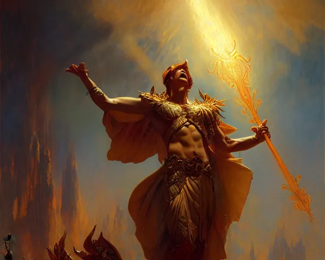 Image similar to attractive pagan male deity, summons handsome lucifer morning star. highly detailed painting by gaston bussiere, craig mullins, j. c. leyendecker 8 k