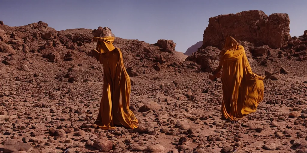 Image similar to levitating woman with full - face golden mask in a dry rocky desert landscape, visible sky and sunny atmosphere, floating rocks, flying rocks and fata morgana and giant square mirrors by alejandro jodorowsky, anamorphic lens, kodakchrome, practical effects, masterpiece, 8 k