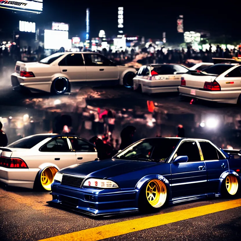 Image similar to a car JZX100 twin turbo drift at illegal car meet, Shibuya prefecture, city midnight mist lights, cinematic lighting, photorealistic, detailed alloy wheels, highly detailed