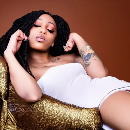 Prompt: beautiful female rapper laying on a couch counting money