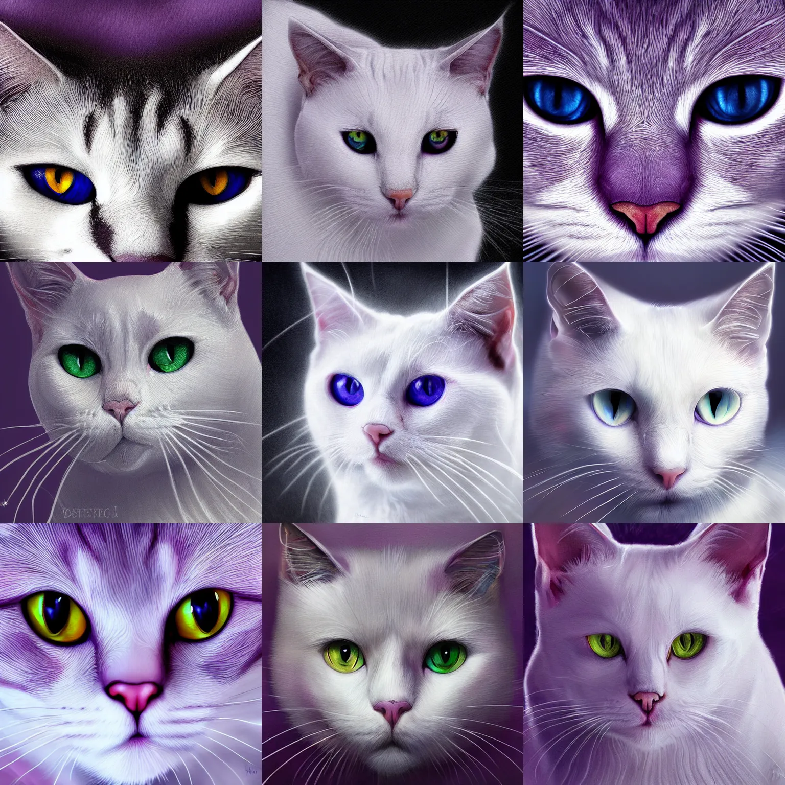 Prompt: Portrait of a white cat, purple eyes, intense, focused, fantasy, digital art, HD, detailed.