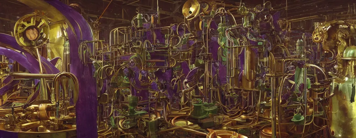 Image similar to a super high resolution film still of machine apparatus for making snake oil, huge copper machine with purple and green intricate pipework, art by andrey remnev, and bruce pennington, directed by denis villeneuve, cinematography by robby muller, fine detail, kodachrome 8 k, snake machine, cinematic lighting