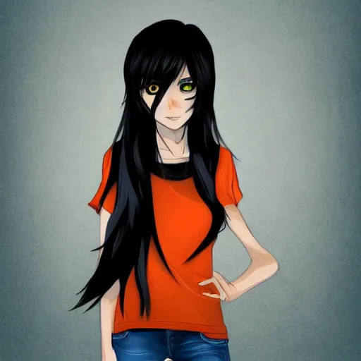 Image similar to anime wolfgirl with shaggy black hair, orange eyes and dark gray skin wearing a t-shirt and jeans, digital art, DeviantArt, art station, illustration, highly detailed, artwork