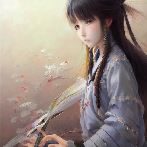 Image similar to dynamic composition, motion, ultra-detailed, incredibly detailed, a lot of details, amazing fine details and brush strokes, colorful and grayish palette, smooth, HD semirealistic anime CG concept art digital painting, watercolor oil painting of a Japanese schoolgirl, by a Chinese artist at ArtStation, by Huang Guangjian, Fenghua Zhong, Ruan Jia, Xin Jin and Wei Chang. Realistic artwork of a Chinese videogame, gradients, gentle an harmonic grayish colors.