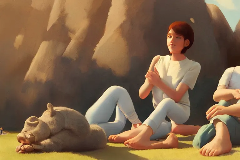 Prompt: beautiful painting of friends, beautiful faces, sitting on the edge, cute, hyper detailed, soft light, digital painting by diane arbus and ralph mcquarrie, octane render