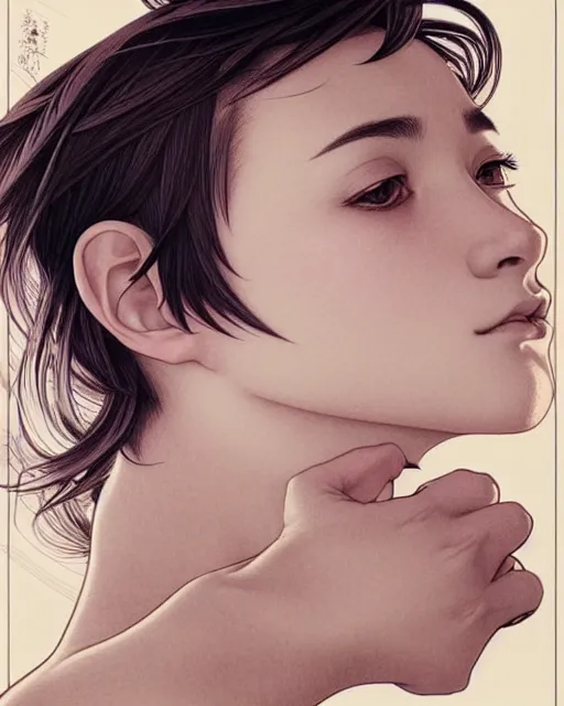 Image similar to ' bored woman with short hair ', closeup shot of face, beautiful shadowing, soft shadowing, reflective surfaces, illustrated completely, 8 k beautifully detailed pencil illustration, extremely hyper - detailed pencil illustration, intricate, epic composition, masterpiece, bold complimentary colors. stunning masterfully illustrated by artgerm, range murata, alphonse mucha, katsuhiro otomo.